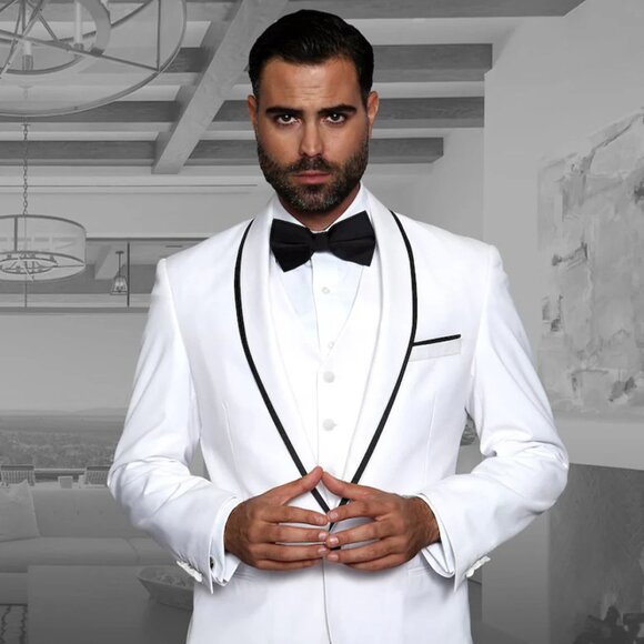 Mens Vested Wool Tuxedo in Shawl Lapel with Satin Trim in White & Black - Picture 1 of 2